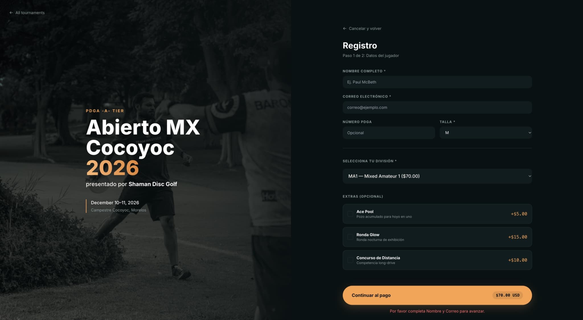 Desktop ParHub prototype showing the start of tournament registration with player details, division selection, optional extras, and preparation for payment.