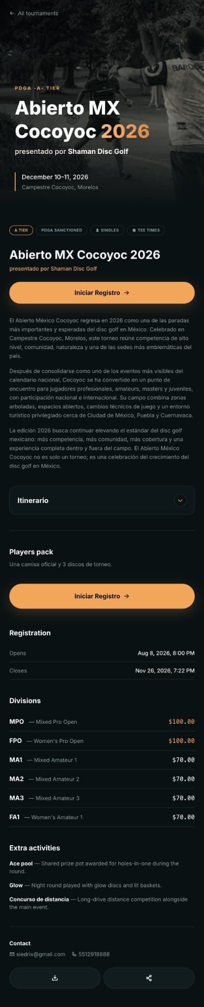Upper portion of the mobile ParHub prototype showing the tournament hero, event name, date, location, and initial registration call to action.
